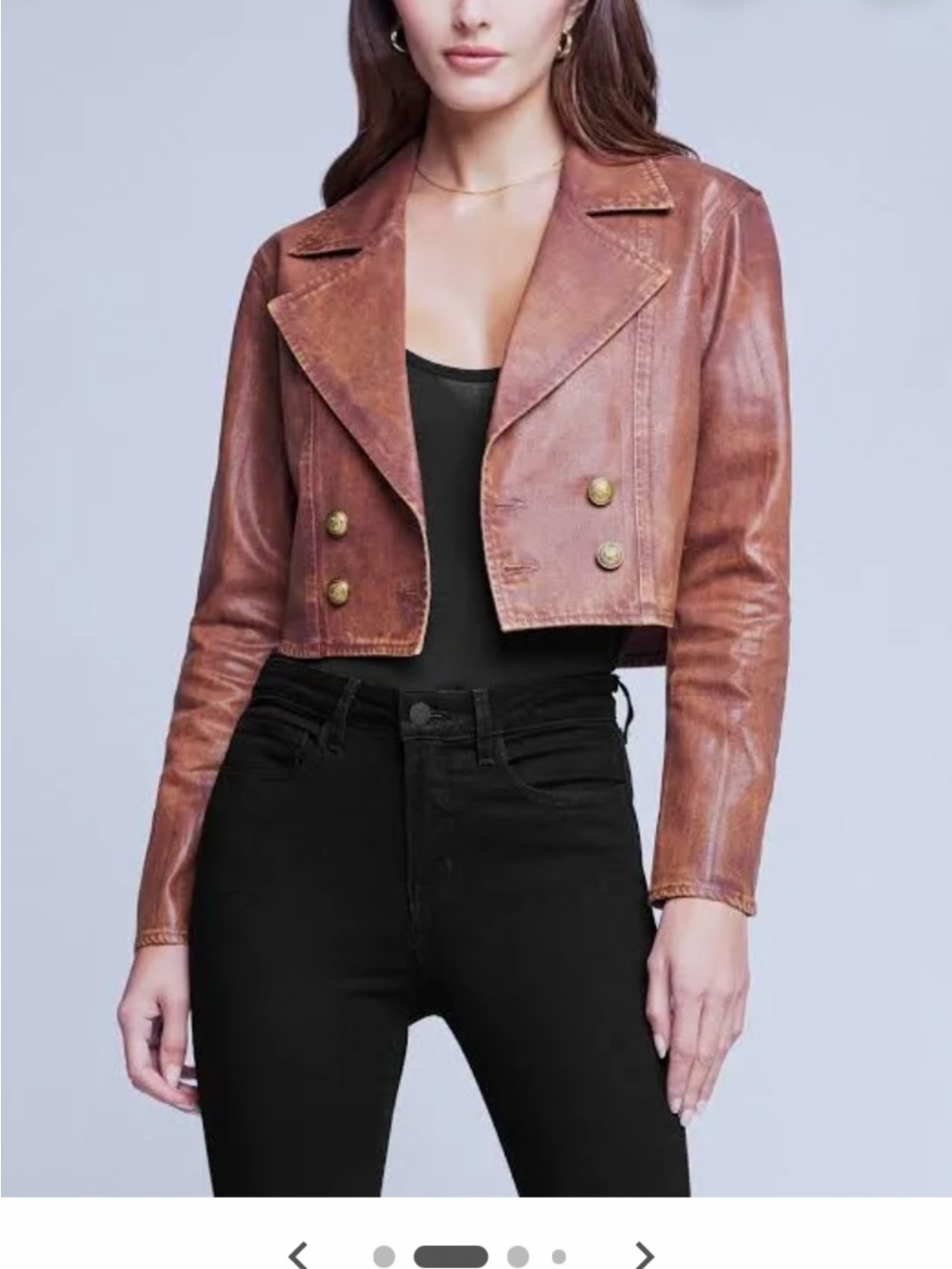 L'AGENCE Cropped Distressed Brown Leather Double-Breasted Jacket